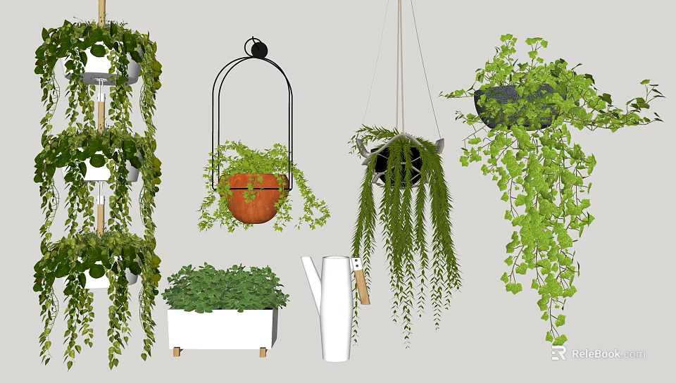 Beautiful Lush Hanging Basket Plants With Trailing Green Leaves And Decorative Pots 3d model 