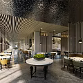 Modern Restaurant Interior With Blue Tiled Floor Black Ceiling Buffet Counters And Colorful Seats