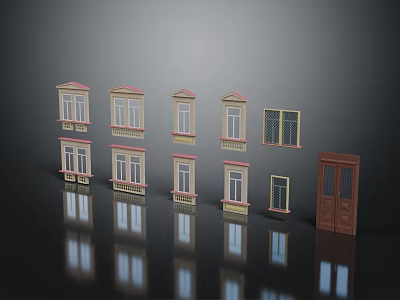 Various Window and Door Models with Decorative Pink Tops and Brown Door on Dark Background 3d model
