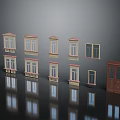 Various Window and Door Models with Decorative Pink Tops and Brown Door on Dark Background