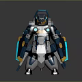 Detailed Futuristic Mechanical Armored Character With Blue Orange Lights And Shields