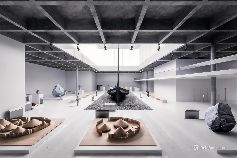 Modern Minimalist Exhibition Hall Interior With Concrete Ceiling Skylights And Sculptural Displays 3d model 