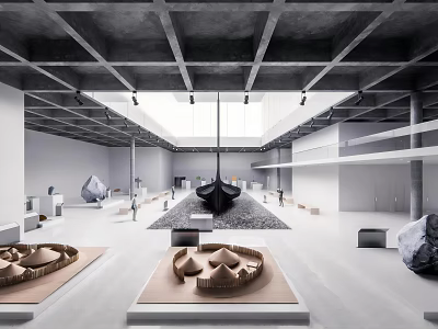 Modern Minimalist Exhibition Hall Interior With Concrete Ceiling Skylights And Sculptural Displays 3d model