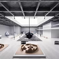 Modern Minimalist Exhibition Hall Interior With Concrete Ceiling Skylights And Sculptural Displays