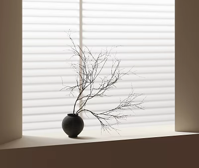 Minimalist Black Vase With Bare Branches On Window Sill Against White Blinds 3d model
