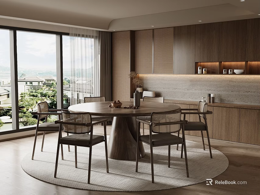 Modern Restaurant Dining Room With Round Table Wooden Walls Large Windows Chairs And Scenic View 3d model 