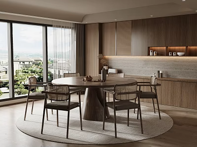 Modern Restaurant Dining Room With Round Table Wooden Walls Large Windows Chairs And Scenic View 3d model