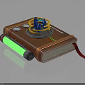 Steampunk Themed Book Display With Brown Cover Blue Spires Yellow Rings And Green Glowing Strip
