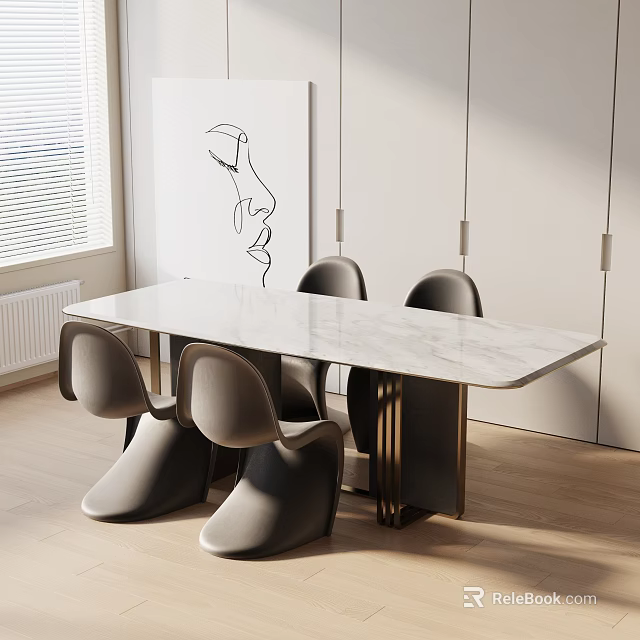 Modern Dining Table Set With Marble Tabletop Grey Chairs And Metal Frame 3d model 