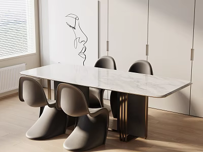 Modern Dining Table Set With Marble Tabletop Grey Chairs And Metal Frame 3d model