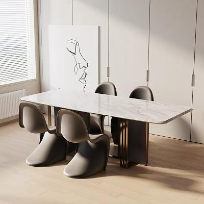 Modern Dining Table Set With Marble Tabletop Grey Chairs And Metal Frame 3d model