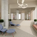 Modern Lounge Area Interior Design With Grey Sofa Wooden Display Cases Mannequins And Hanging Lights