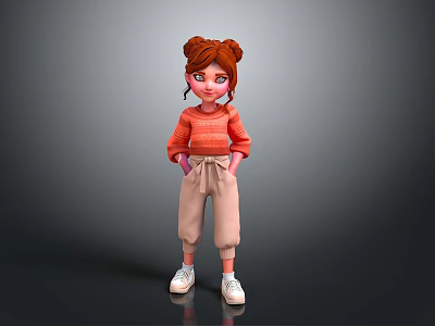 Cartoon Game Movie Character With Red Bun Hairstyle Orange Striped Sweater Beige Pants White Shoes 3d model