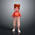 Cartoon Game Movie Character With Red Bun Hairstyle Orange Striped Sweater Beige Pants White Shoes