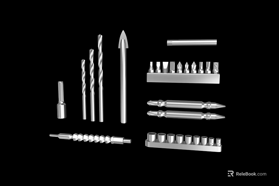 Assorted Hardware Tools Set Including Drill Bits Screwdriver Bits Spiral Drill and Extension Bars 3d model 