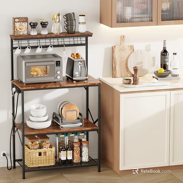 Practical Kitchen Shelf With Microwave Toaster Dishes Storage Jars And Basket 3d model 