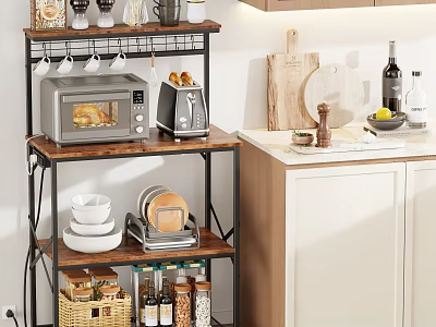 Practical Kitchen Shelf With Microwave Toaster Dishes Storage Jars And Basket 3d model