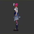 Woman With Pink Hair In White Top Blue Skirt And Boots On Gray Background