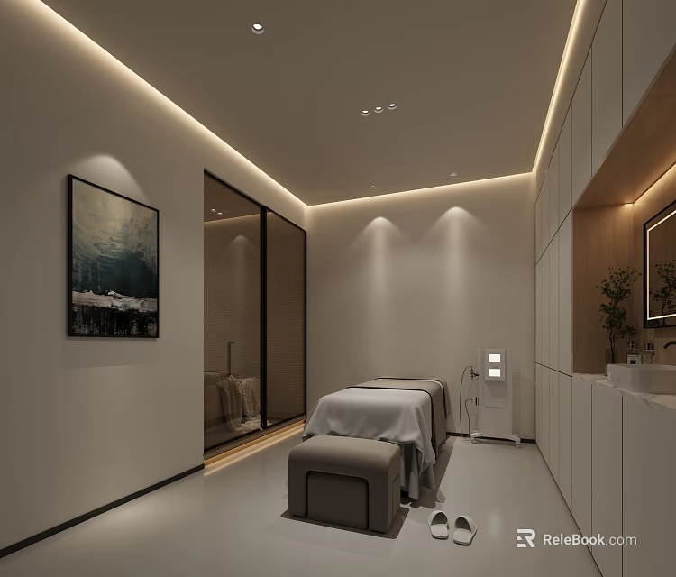 Modern SPA Sauna Interior Design With Massage Bed White Walls And Wooden Elements 3d model 