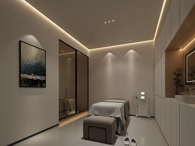 Modern SPA Sauna Interior Design With Massage Bed White Walls And Wooden Elements 3d model