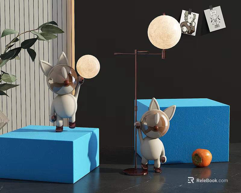 Cute Cartoon Cat Decorative Ornament Set With Moon Lamp Blue Cube Bases And Orange Fruit 3d model 