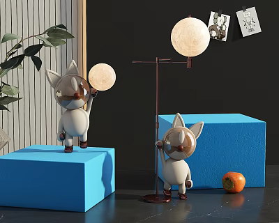 Cute Cartoon Cat Decorative Ornament Set With Moon Lamp Blue Cube Bases And Orange Fruit 3d model