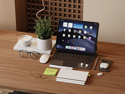 2 in 1 Tablet with Keyboard on Wooden Desk Including Potted Plant Mouse Coffee Cup 3d model