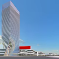 Modern Commercial Street With Open Spaces Green Lawns And Water Features