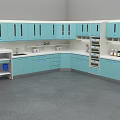 Blue And White Medical Cabinets With Mobile Cart In Clinical Setting