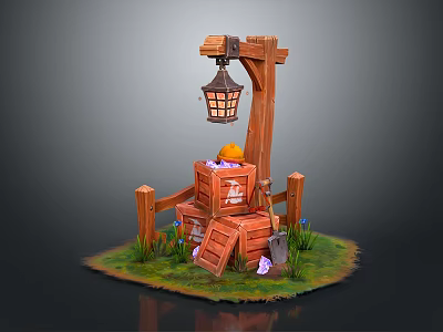 Rustic Wooden Lantern Hanging On Pole Over Stacked Crates With Items And Grass Flowers 3d model