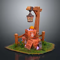 Rustic Wooden Lantern Hanging On Pole Over Stacked Crates With Items And Grass Flowers