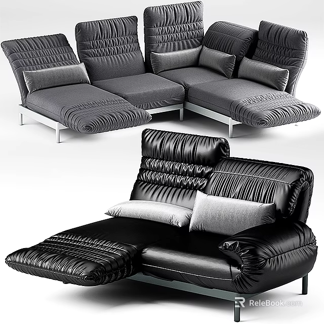 Modern Gray Black Sectional Sofa with Tufted Design Plush Cushions and Metal Legs 3d model 
