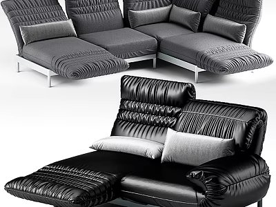 Modern Gray Black Sectional Sofa with Tufted Design Plush Cushions and Metal Legs 3d model