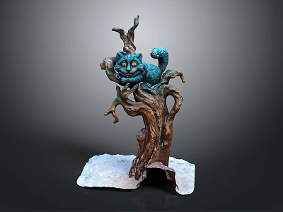 Wooden Tree Trunk Sculpture With Blue Cat Figure And Stone Base Decor 3d model