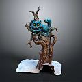 Wooden Tree Trunk Sculpture With Blue Cat Figure And Stone Base Decor