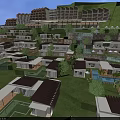Aerial View Planning of Hillside Resort with Buildings Pools Greenery and Evening Lighting