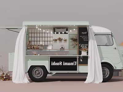 Light Green Mobile Food Truck With White Curtains Decorative Lights And Idea Immau Sign 3d model