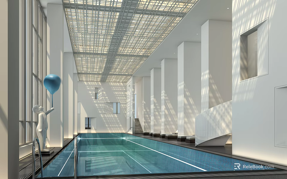 Modern Indoor Swimming Pool Interior With White Architecture Glass Walls Blue Balloon And Natural Light 3d model 