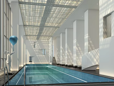 Modern Indoor Swimming Pool Interior With White Architecture Glass Walls Blue Balloon And Natural Light 3d model
