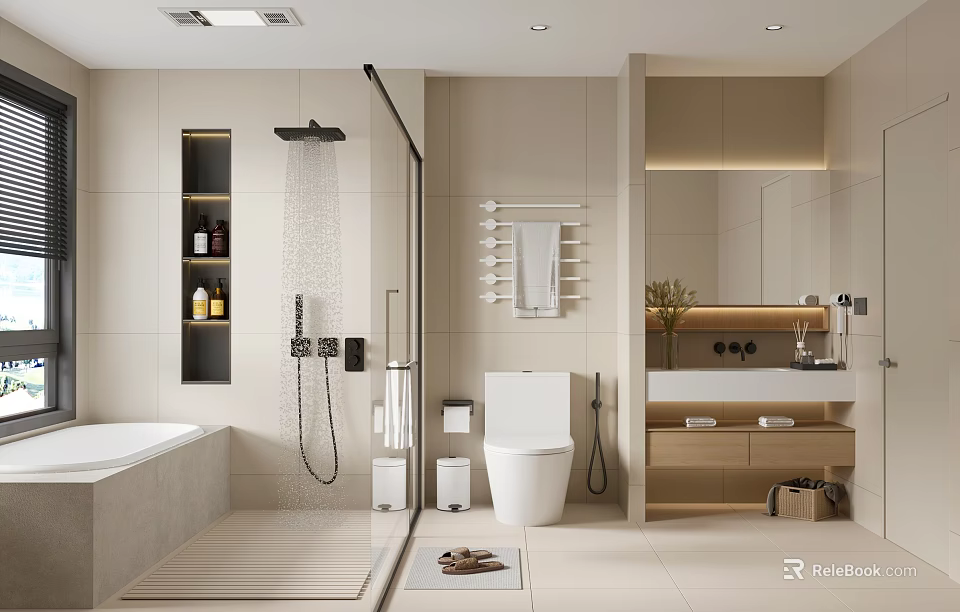 Modern Bathroom Interior Design With Bathtub Shower Toilet Vanity And Marble Walls 3d model 
