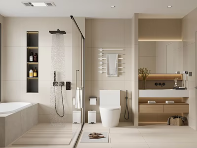 Modern Bathroom Interior Design With Bathtub Shower Toilet Vanity And Marble Walls 3d model