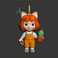 Game and Movie Character with Red Hair Cat Ears in Orange Overalls Holding Cactus Pot