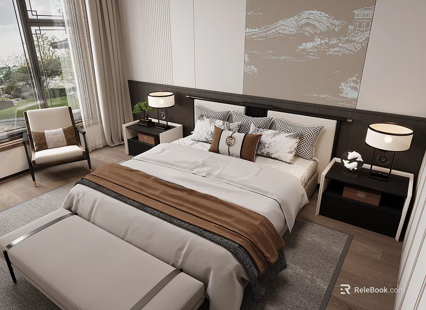 Modern Bedroom Interior With Bed Pillows Bedspread Nightstands Lamps Wall Art And Curtains 3d model 