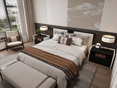 Modern Bedroom Interior With Bed Pillows Bedspread Nightstands Lamps Wall Art And Curtains 3d model