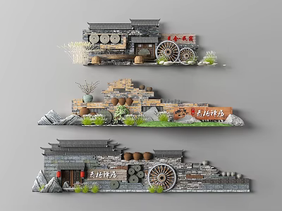 Chinese Rural Style Fence Decoration With Water Wheel And Pots 3d model