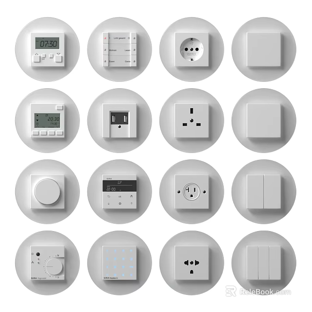 White Modern Switch Panels Featuring Various Types in Round Backgrounds and Sleek Design 3d model 