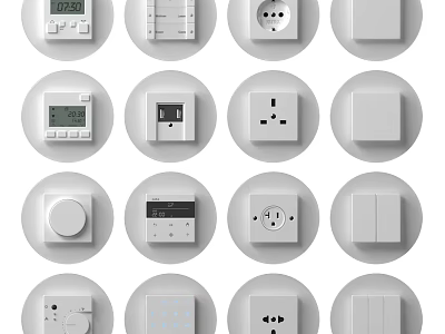 White Modern Switch Panels Featuring Various Types in Round Backgrounds and Sleek Design 3d model