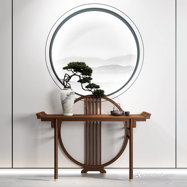 Chinese Style Console Table with Circular Mountain Painting and Pine Tree Vase 3d model