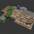 Rustic Sculpture Carving Setup With Wooden Tables Stone Bricks Large Rocks And Metal Bucket