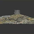 Detailed 3D Model of Cliff Featuring Circular Stone Structure Green Grass and Orange Rocks